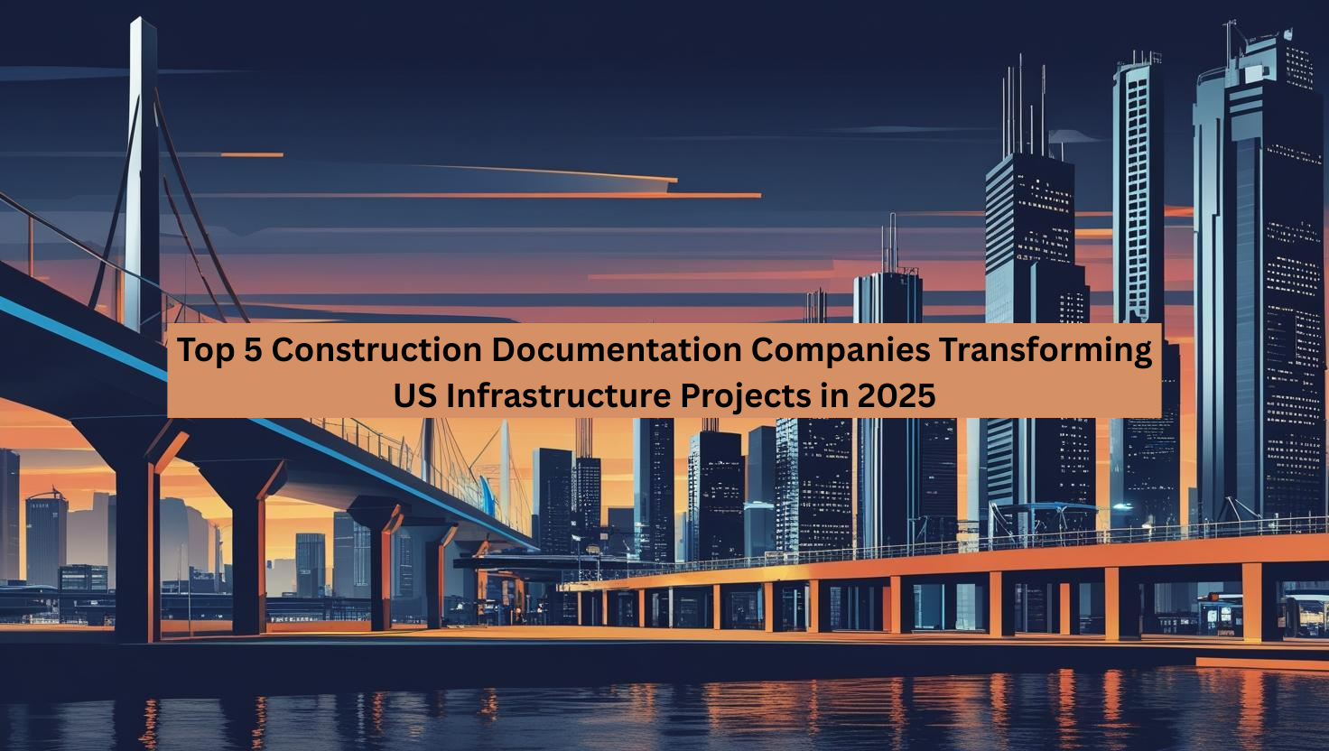 Illustration of a modern bridge and city skyline at sunset, representing US infrastructure projects.